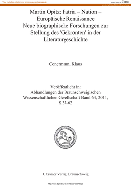 Martin Opitz: Patria – Nation – Europäische Renaissance Neue Biographische Forschungen Zur Stellung Des 'Gekrönten' in Der Literaturgeschichte