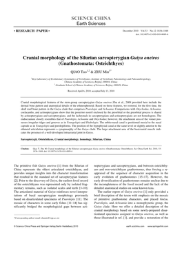 SCIENCE CHINA Cranial Morphology of the Silurian Sarcopterygian Guiyu Oneiros (Gnathostomata: Osteichthyes)