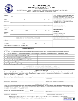 City of Yonkers Real Property Transfer Tax Return Finance Department Pursuant to Chapter 15 Taxes, Article V, General Ordinance 8-1973 As Amended by G.O