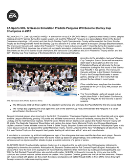EA Sports NHL 12 Season Simulation Predicts Penguins Will Become Stanley Cup Champions in 2012