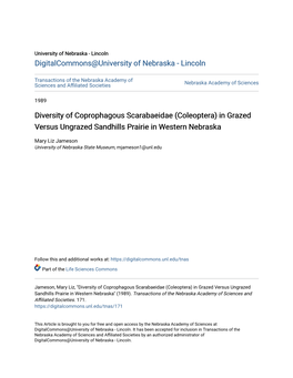 Diversity of Coprophagous Scarabaeidae (Coleoptera) in Grazed Versus Ungrazed Sandhills Prairie in Western Nebraska