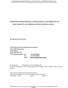Oxidation-Mediated Dna Crosslinking Contributes to the Toxicity of 6-Thioguanine in Human Cells