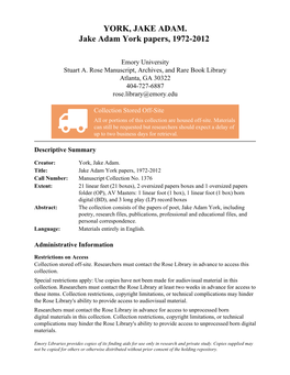 YORK, JAKE ADAM. Jake Adam York Papers, 1972-2012