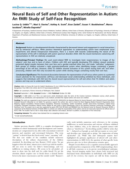 Neural Basis of Self and Other Representation in Autism: an Fmri Study of Self-Face Recognition