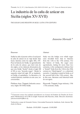 La Industria De La Caña De Azúcar En Sicilia (Siglos XV-XVII)