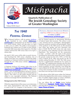 Mishpacha Quarterly Publication of the Jewish Genealogy Society Spring 2012 of Greater Washington Volume XXXII, Issue 2