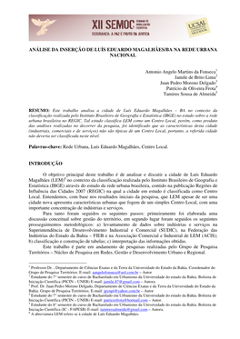 Análise Da Inserção De Luís Eduardo Magalhães/Ba Na Rede Urbana Nacional