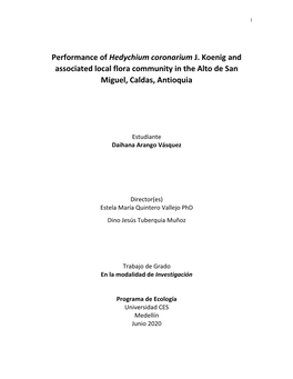 Performance of Hedychium Coronarium J. Koenig and Associated Local Flora Community in the Alto De San Miguel, Caldas, Antioquia