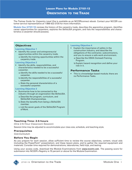 Lesson Plans for Module 27101-13 Orientation to the Trade