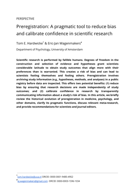 Preregistration: a Pragmatic Tool to Reduce Bias and Calibrate Conﬁdence in Scientiﬁc Research