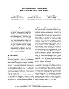 Abstractive Sentence Summarization with Attentive Recurrent Neural Networks