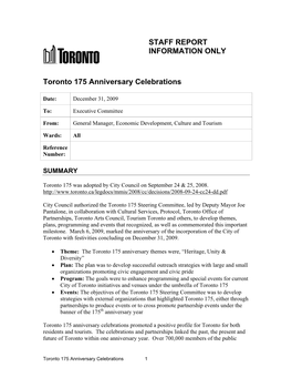 STAFF REPORT INFORMATION ONLY Toronto 175 Anniversary