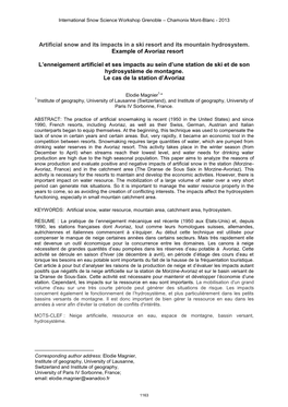 Artificial Snow and Its Impacts in a Ski Resort and Its Mountain Hydrosystem. Example of Avoriaz Resort L'enneigement Artifici