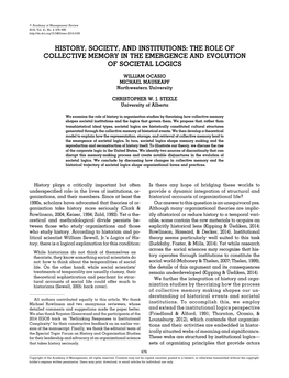 History, Society, and Institutions: the Role of Collective Memory in the Emergence and Evolution of Societal Logics