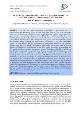 ECOLOGY of UNDERGROWTH PLANT SPECIES in FOUR SELECTED NATURAL FORESTS in AKWA IBOM STATE, NIGERIA Etuk I