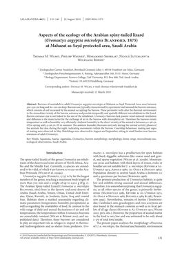 Aspects of the Ecology of the Arabian Spiny-Tailed Lizard (Uromastyx Aegyptia Microlepis Blanford, 1875) at Mahazat As-Sayd Protected Area, Saudi Arabia