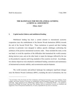 THE RATIONALE for MULTILATERAL LENDING a CRITICAL ASSESSMENT Yilmaz Akyüz1