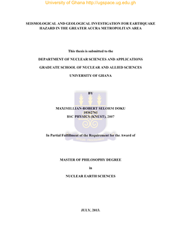 Seismological and Geological Investigation for Earthquake Hazard in the Greater Accra Metropolitan Area