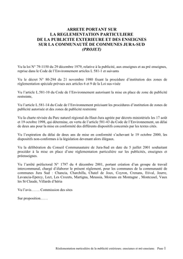 Arrete Portant Sur La Reglementation Particuliere De La Publicite Exterieure Et Des Enseignes Sur La Communauté De Communes Jura-Sud (Projet)