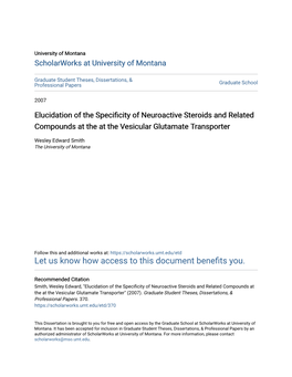 Elucidation of the Specificity of Neuroactive Steroids and Related Compounds at the at the Vesicular Glutamate Transporter