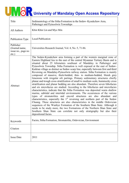 Title Sedimentology of the Sitha Formation in the Sedaw–Kyaukchaw Area, Patheingyi and Pyinoolwin Townships