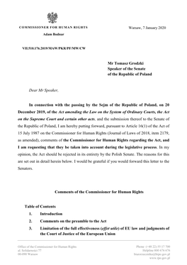 Dear Mr Speaker, in Connection with the Passing by the Sejm of the Republic of Poland, on 20 December 2019, of the Act Amending
