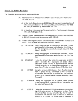 Item Council Tax 2020/21 Resolution the Council Is Recommended To