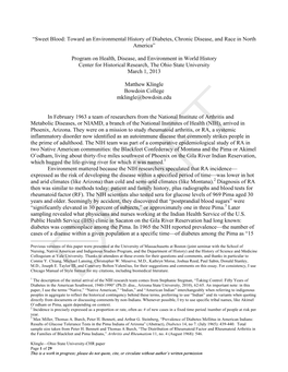 “Sweet Blood: Toward an Environmental History of Diabetes, Chronic Disease, and Race in North America” Program on Health, Di