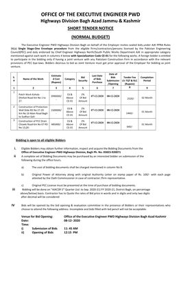 OFFICE of the EXECUTIVE ENGINEER PWD Highways Division Bagh Azad Jammu & Kashmir
