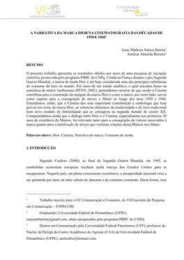 A NARRATIVA DA MARCA DIOR NA CINEMATOGRAFIA DAS DÉCADAS DE 1950 E 1960 Isaac Matheus Santos Batista2 Amilcar Almeida Bezerra3 R