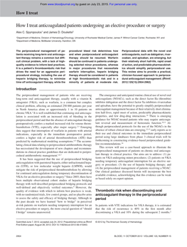 How I Treat Anticoagulated Patients Undergoing an Elective Procedure Or Surgery