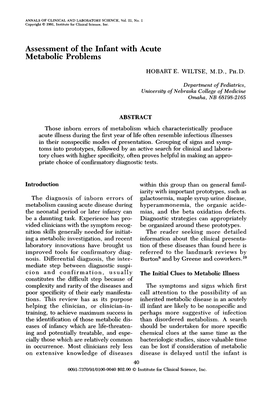 Assessment of the Infant with Acute Metabolic Problems