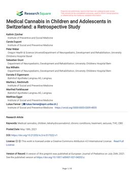 Medical Cannabis in Children and Adolescents in Switzerland: a Retrospective Study