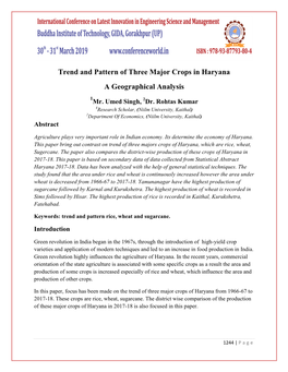 Trend and Pattern of Three Major Crops in Haryana a Geographical Analysis