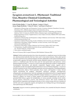 Syzygium Aromaticum L. (Myrtaceae): Traditional Uses, Bioactive Chemical Constituents, Pharmacological and Toxicological Activities