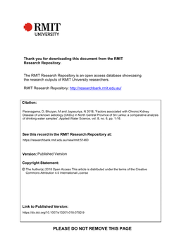 Ckdu) in North Central Province of Sri Lanka: a Comparative Analysis of Drinking Water Samples