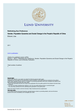 Rethinking Son Preference Gender, Population Dynamics and Social Change in the People’S Republic of China Eklund, Lisa