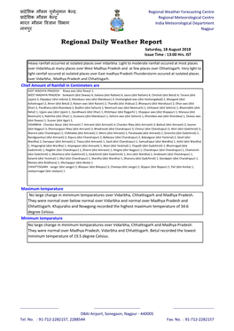 Regional Daily Weather Report Saturday, 18 August 2018 Issue Time : 13:00 Hrs