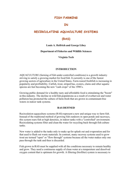 Fish Farming in Recirculating Aquaculture Systems (Ras)