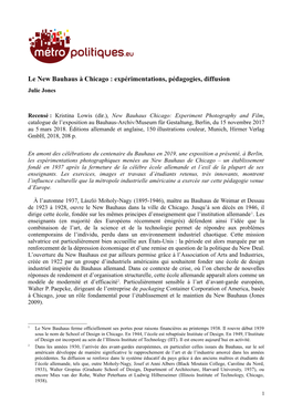 Le New Bauhaus À Chicago : Expérimentations, Pédagogies, Diffusion Julie Jones