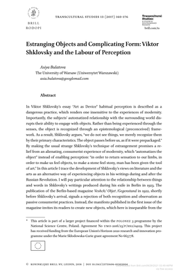 Estranging Objects and Complicating Form: Viktor Shklovsky and the Labour of Perception