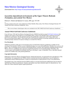 Lacustrine Depositional Environments of the Upper Triassic Redonda Formation, East-Central New Mexico Patricia C