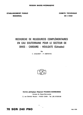 78 SGN 240 PNO MAI 1978 RECHERCHE VE RESSOURCES COMPLEMENTAIRES EN EAU SOUTERRAINE POUR LE SECTEUR VE VIVES - CABOURG - HOULGATE [Calvado*)