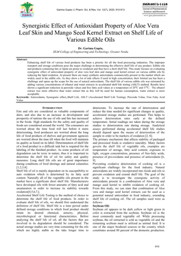 Synergistic Effect of Antioxidant Property of Aloe Vera Leaf Skin and Mango Seed Kernel Extract on Shelf Life of Various Edible Oils