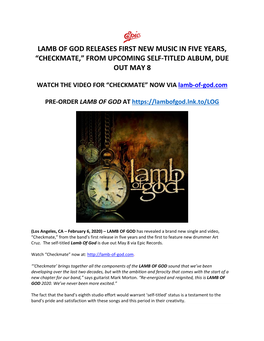 Lamb of God Releases First New Music in Five Years, “Checkmate,” from Upcoming Self-Titled Album, Due out May 8