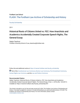 The Historical Roots of Citizens United V. FEC: How Anarchists and Academics Accidentally Created Corporate Speech Rights