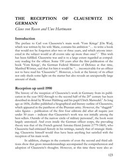 THE RECEPTION of CLAUSEWITZ in GERMANY Claus Von Rosen and Uwe Hartmann
