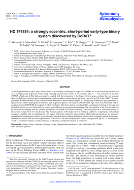 HD 174884: a Strongly Eccentric, Short-Period Early-Type Binary System Discovered by Corot