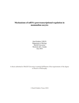 Mechanisms of Mrna Post-Transcriptional Regulation in Mammalian Oocytes