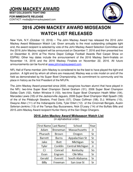 2016 John Mackey Award Midseason Watch List Released